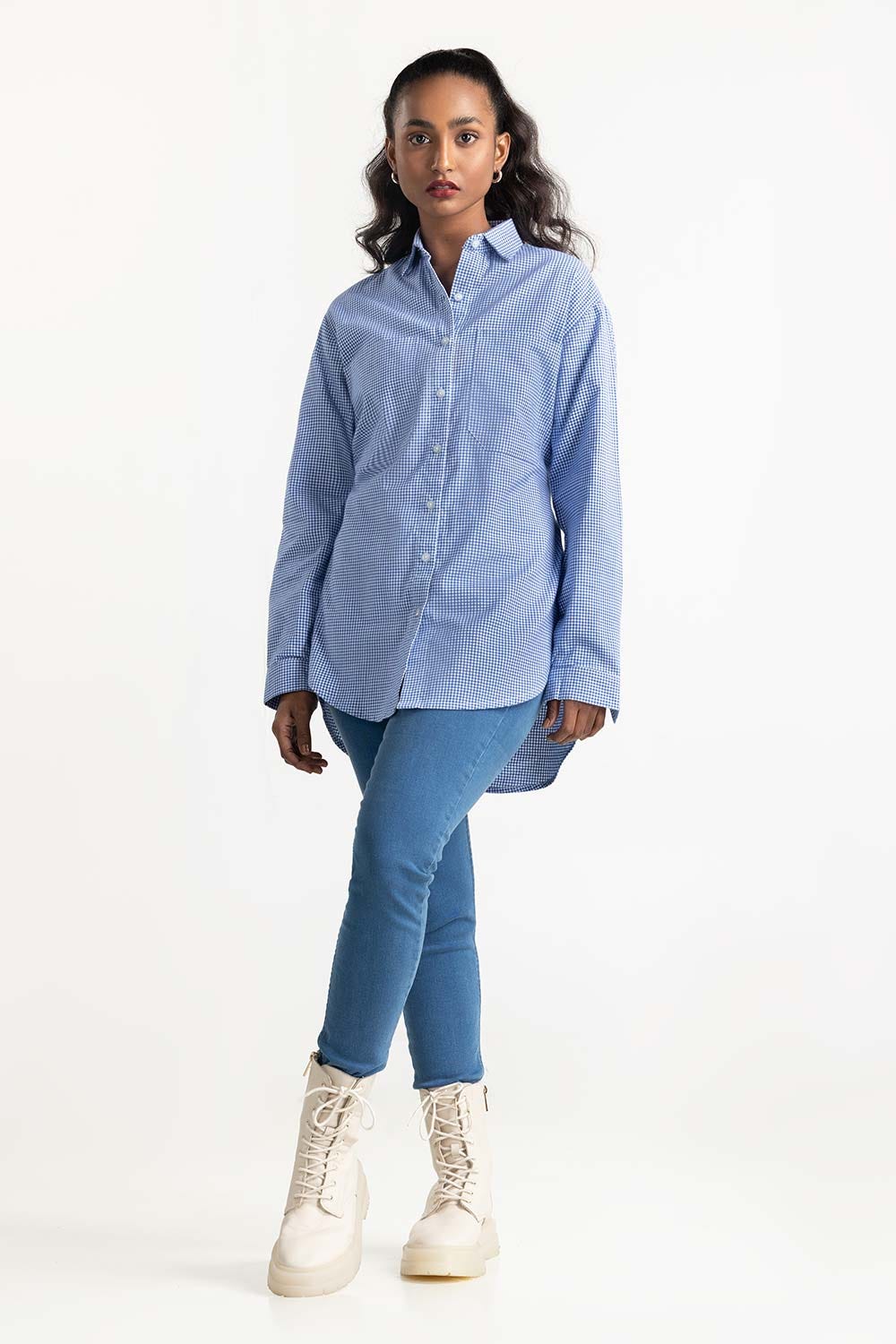 Blue Checkered Button Down Casual Shirt 224-217-031