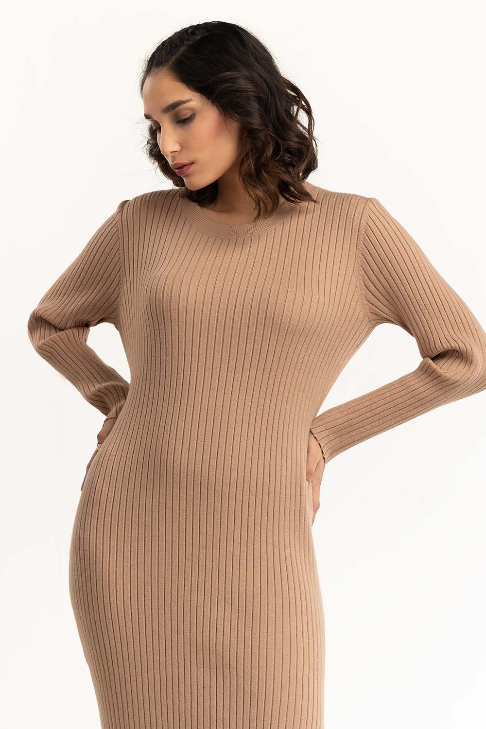 Brown Long Dress With Slit 224-214-301