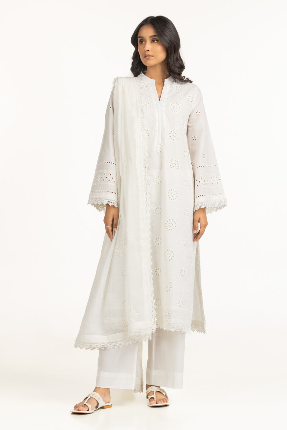 Cambric Schiffli Embroidered Shirt And Dupatta
