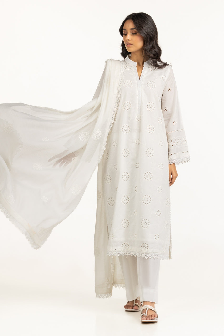 Cambric Schiffli Embroidered Shirt And Dupatta