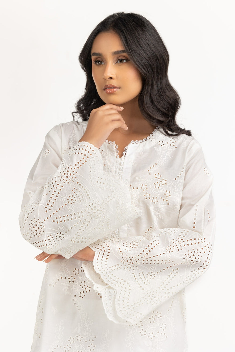 Cambric Schiffli Embroidered Shirt And Dupatta