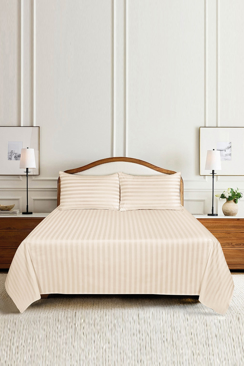 Cream Stripe Satin T-250 Bedsheet Set