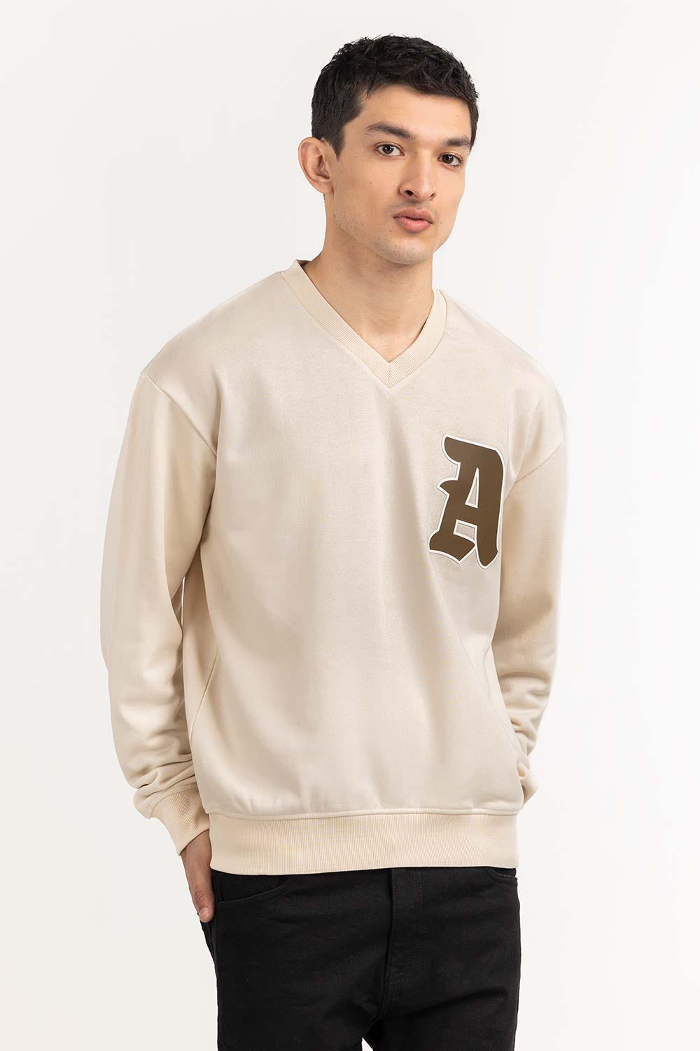 Cream V-Neck Sweatshirt 224-112-053