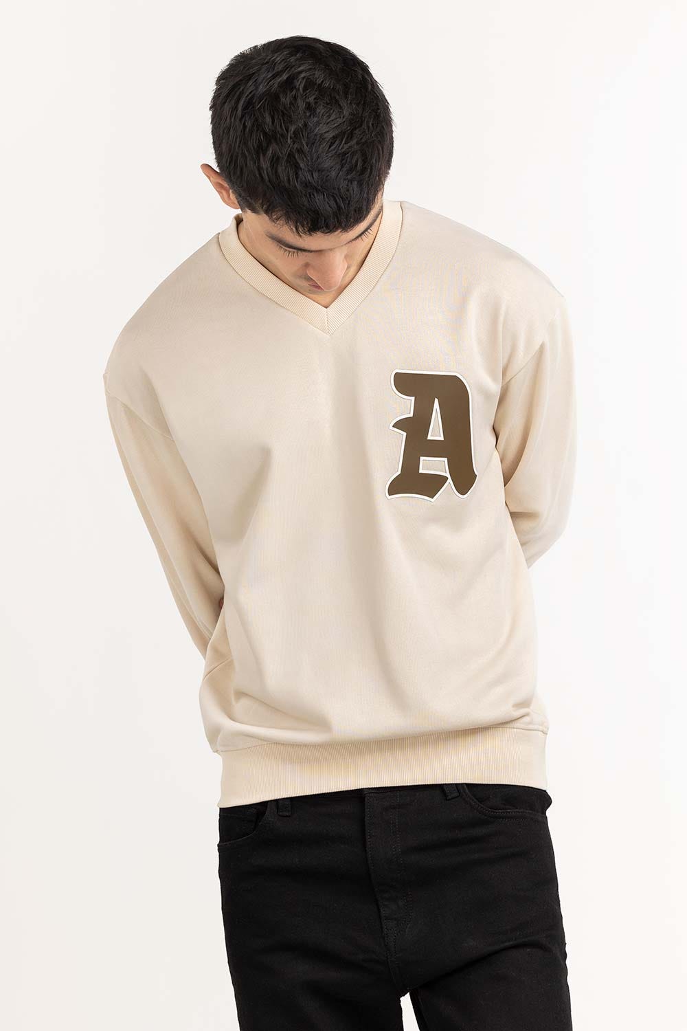 Cream V-Neck Sweatshirt 224-112-053