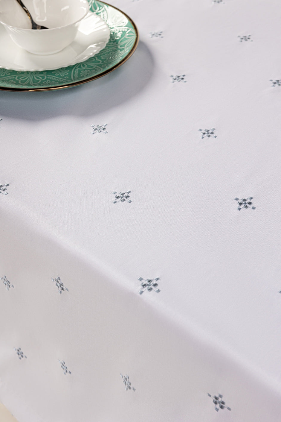 Blue Cross Stitch Embroidered Table Cover
