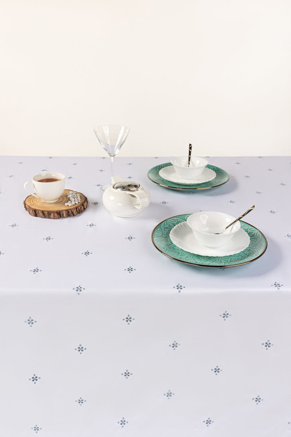 Blue Cross Stitch Embroidered Table Cover