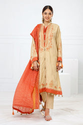 3 Piece Unstitched Embroidered Raw Silk Suit with Embroidered Organza Dupatta FE-52002