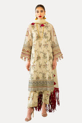 3 Piece Unstitched Embroidered Printed Monar Slub Suit with Embroidered Net Dupatta FE-52010