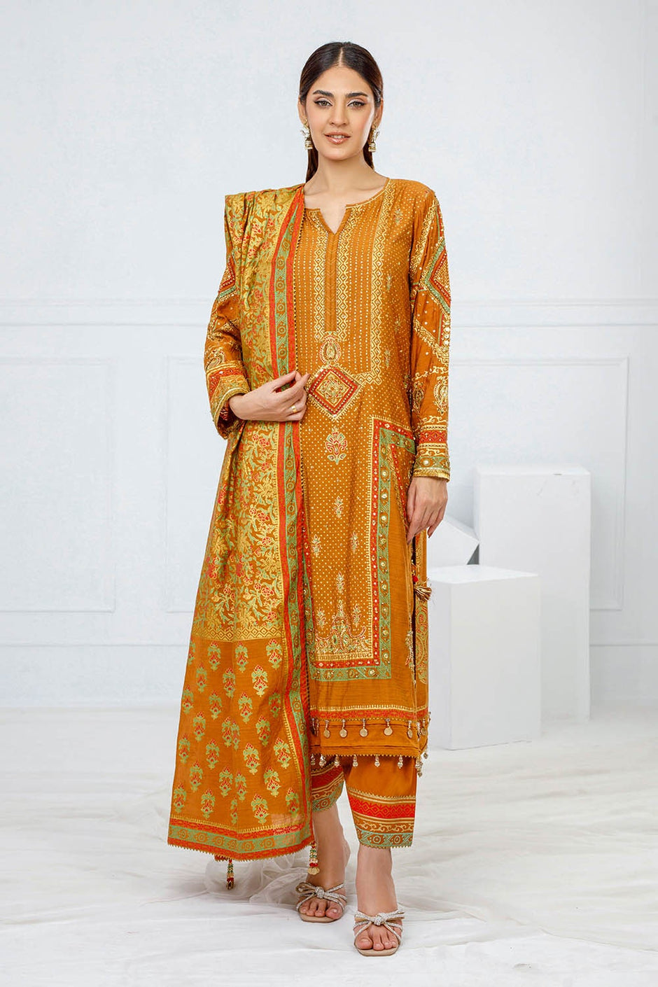 3 Piece Unstitched Embroidered Paper Cotton Suit with Paper Cotton Dupatta