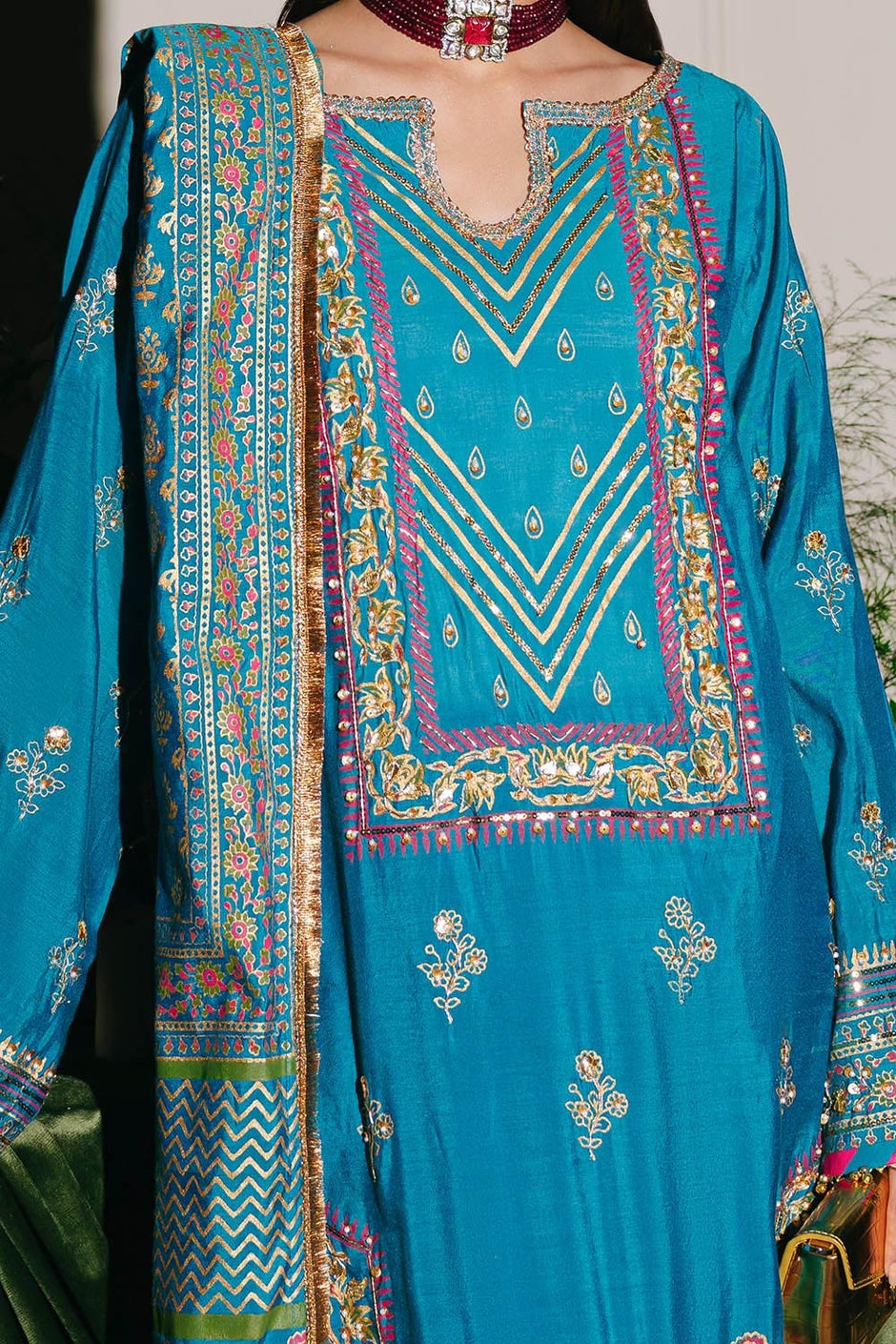 3 Piece Unstitched Embroidered Paper Cotton Suit with Paper Cotton Dupatta
