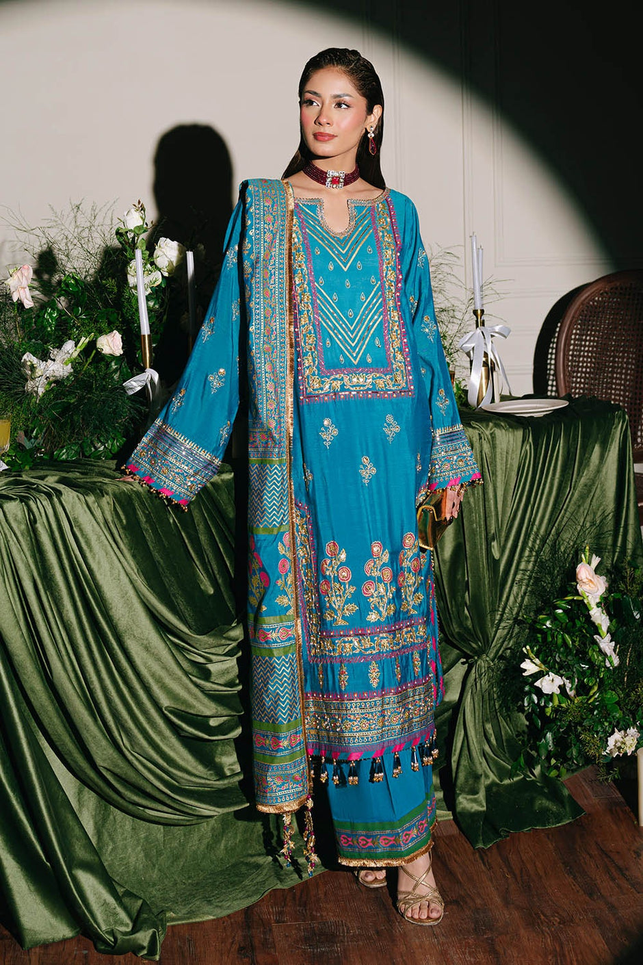 3 Piece Unstitched Embroidered Paper Cotton Suit with Paper Cotton Dupatta