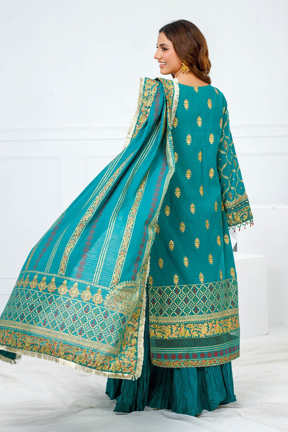 3 Piece Unstitched Embroidered Paper Cotton Suit with Paper Cotton Dupatta