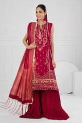 3 Piece Unstitched Embroidered Raw Silk Suit with Jacquard Dupatta FE-52124