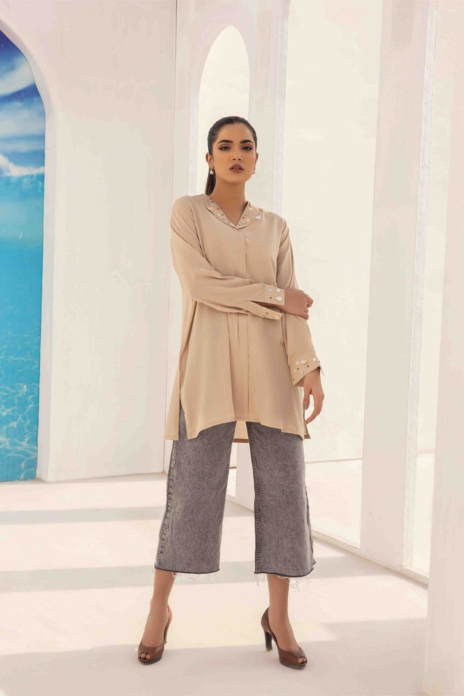 Dyed Blended Georgette Embelished Shirt