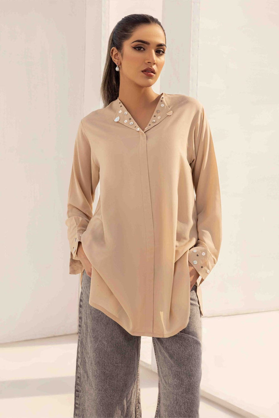 Dyed Blended Georgette Embelished Shirt