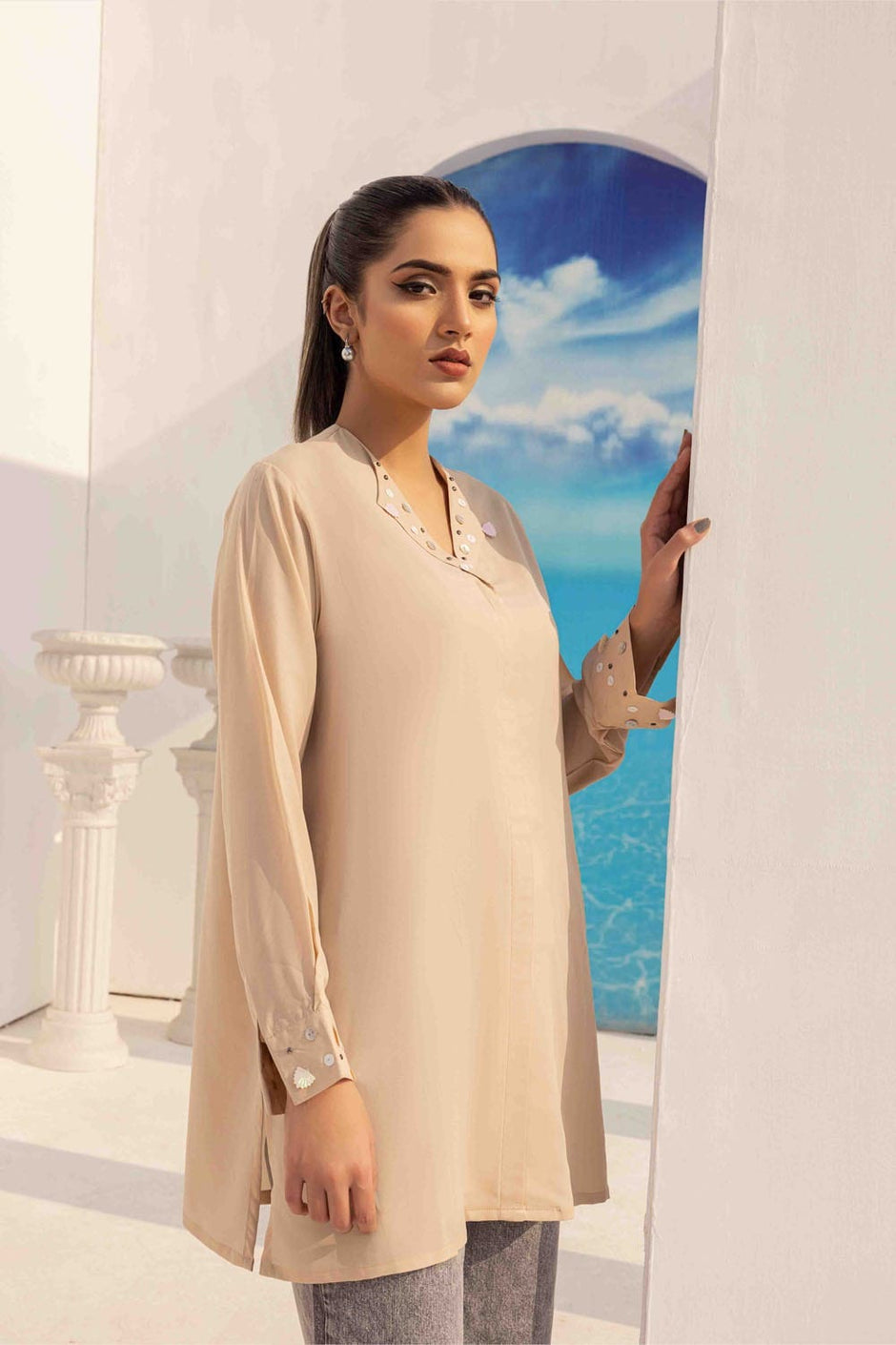 Dyed Blended Georgette Embelished Shirt