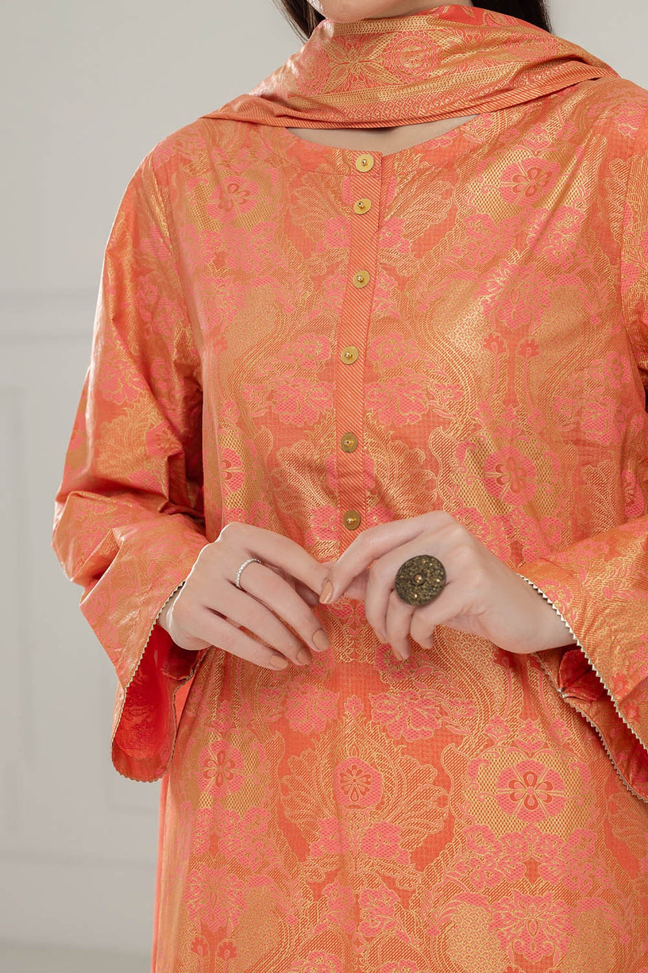 3 Piece Unstitched Gold and Lacquer Printed Lawn Suit