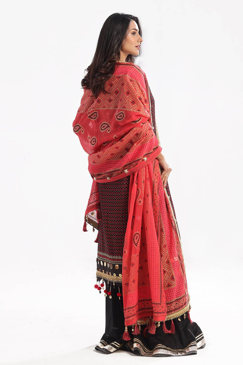 3 Piece Unstitched Embroidered Chiffon Suit with Gold Lacquer Embroidered Printed Chiffon Dupatta