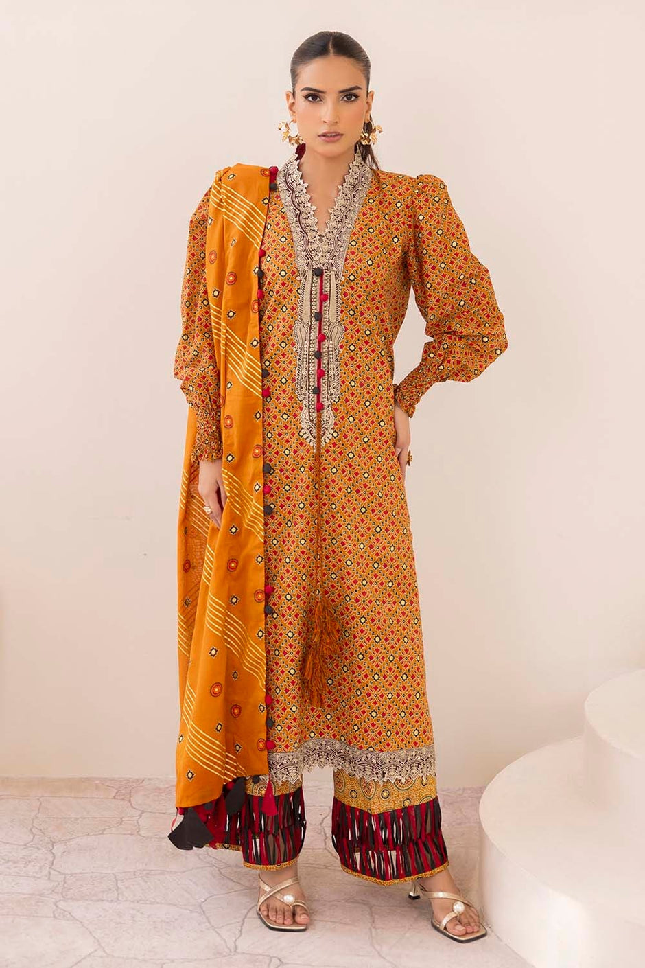 3 Piece Unstitched Embroidered Gold Printed Lawn Suit CL-52640