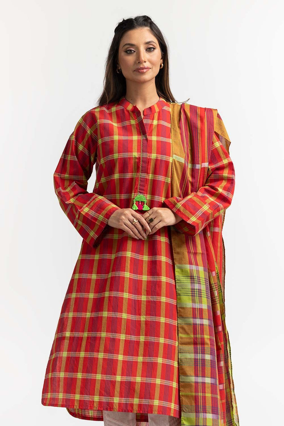 Dyed Cotton Yarn Dyed Embelished Shirt With Dupatta