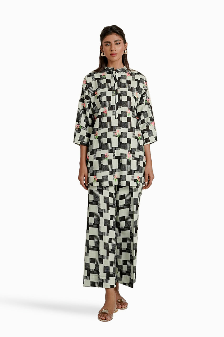 Cross Slub Printed With Embroidered Co-Ord Set