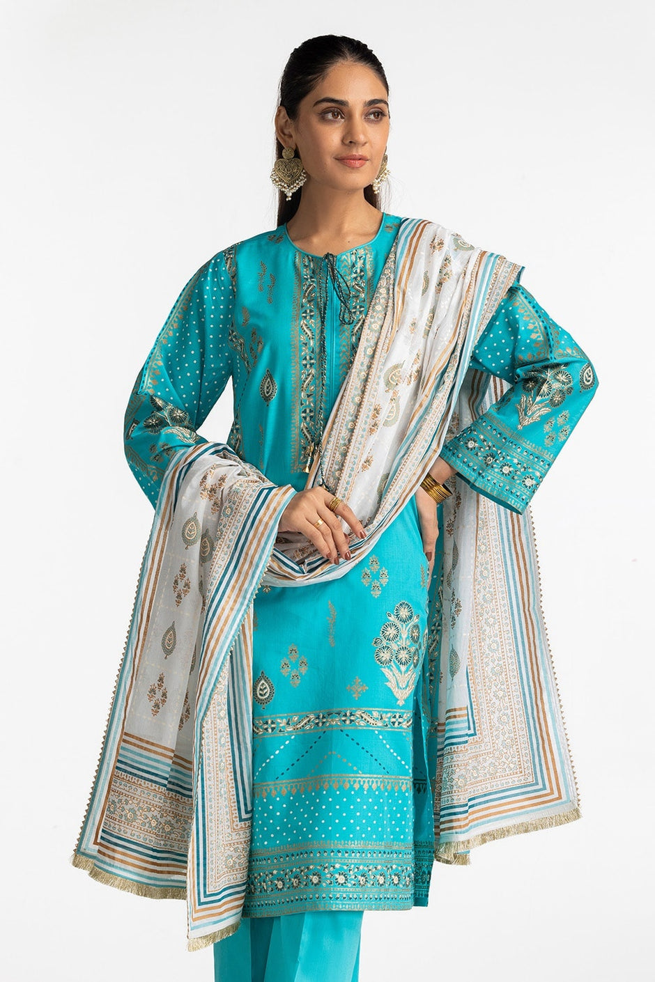 3 Piece Lawn Gold And Lacquer Printed Suit IUSTKSD-273