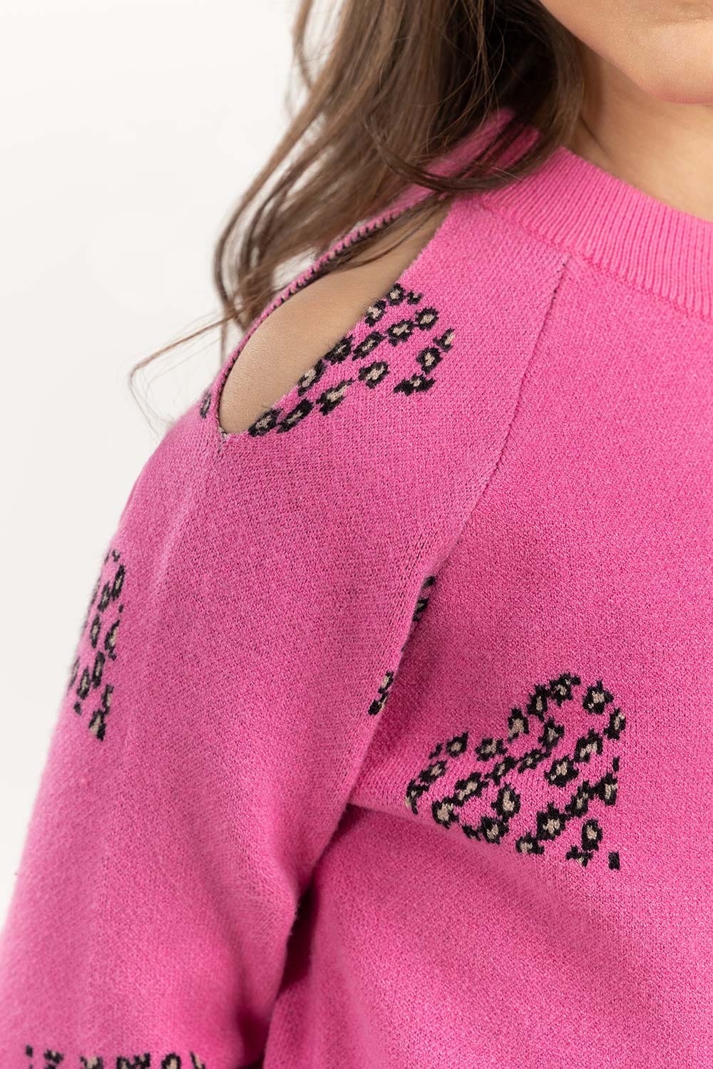 Junior Girl Pink Jacquard Sweater With Round Neck 224-411-002