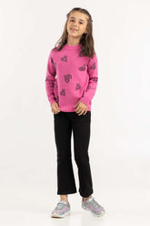 Junior Girl Pink Jacquard Sweater With Round Neck 224-411-002