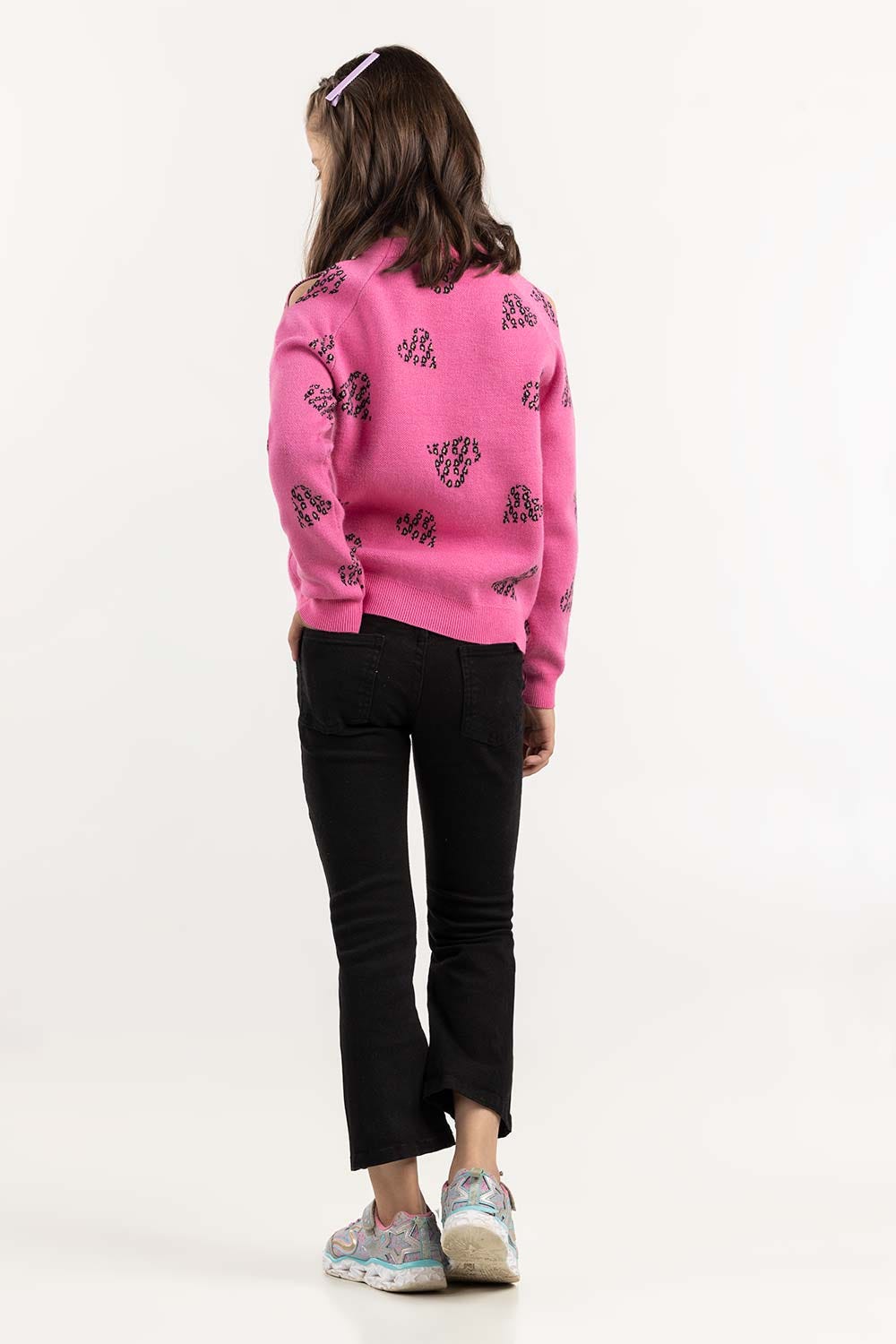 Junior Girl Pink Jacquard Sweater With Round Neck 224-411-002