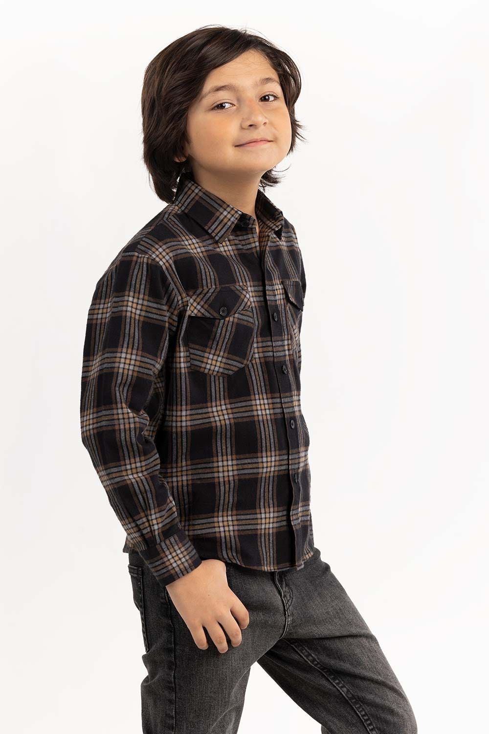 Junior Boy Black Silver Checkered Casual Shirt 224-317-011