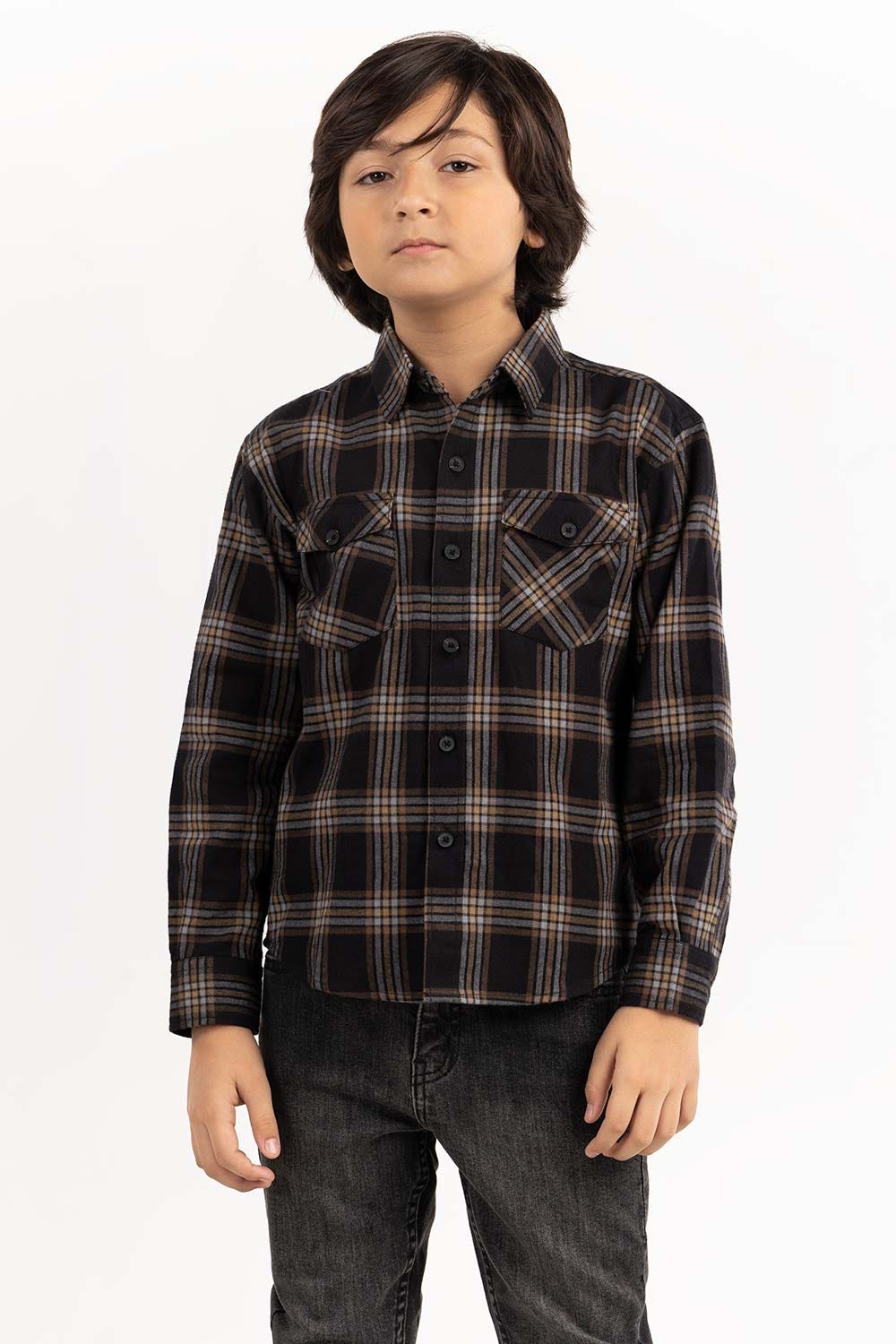 Junior Boy Black Silver Checkered Casual Shirt 224-317-011