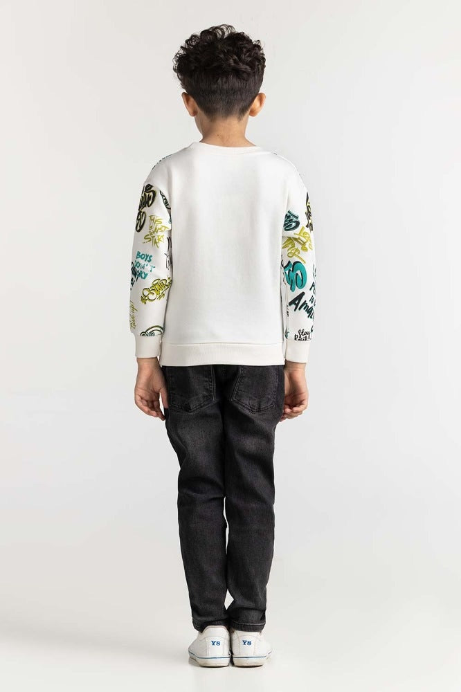 Junior Boy White Printed Sweatshirt 224-312-071