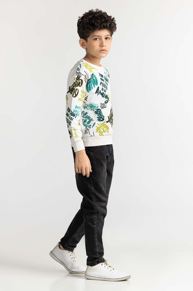 Junior Boy White Printed Sweatshirt 224-312-071