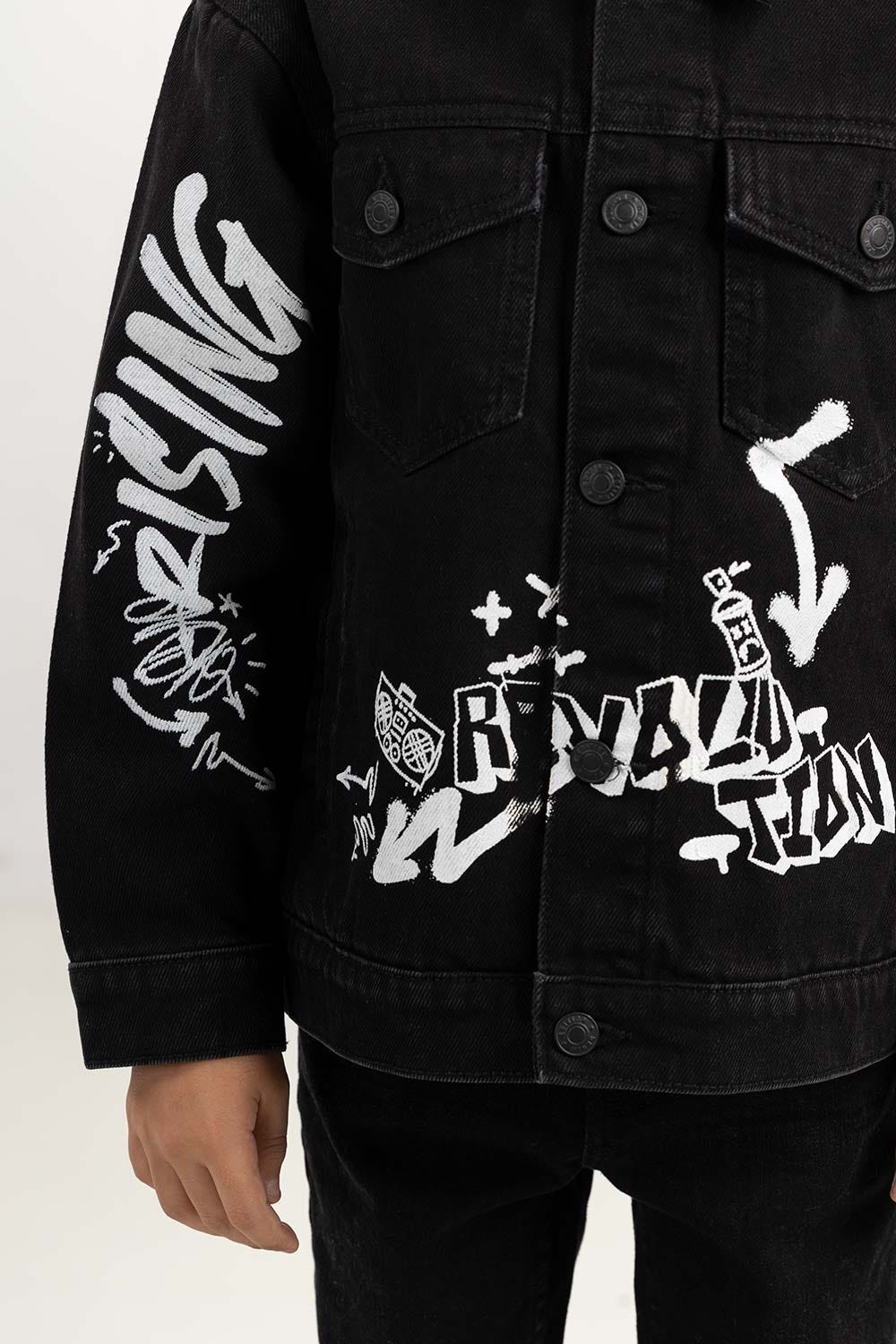 Junior Boy Jet Black Collared Denim Jacket 224-310-046