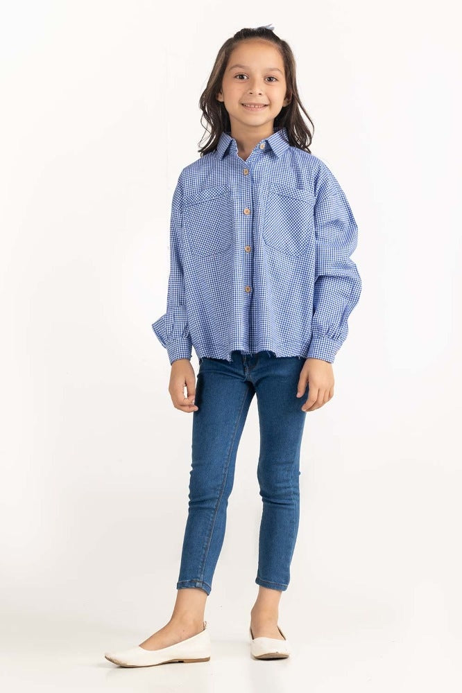Junior Girl Blue and White Checkered Casual Shirt 224-417-009