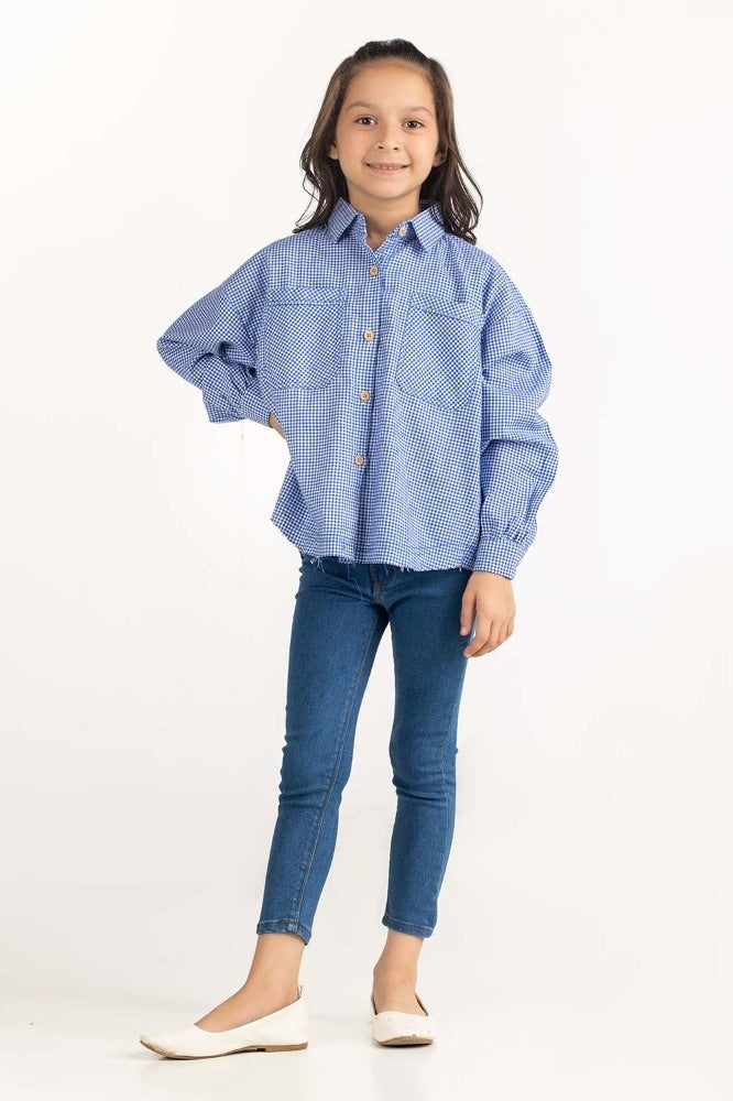 Junior Girl Blue and White Checkered Casual Shirt 224-417-009