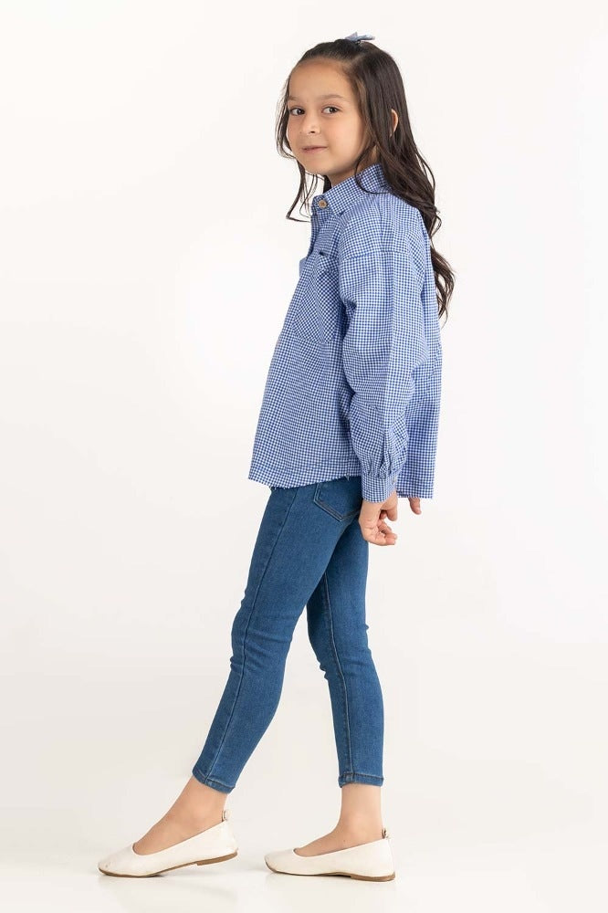 Junior Girl Blue and White Checkered Casual Shirt 224-417-009
