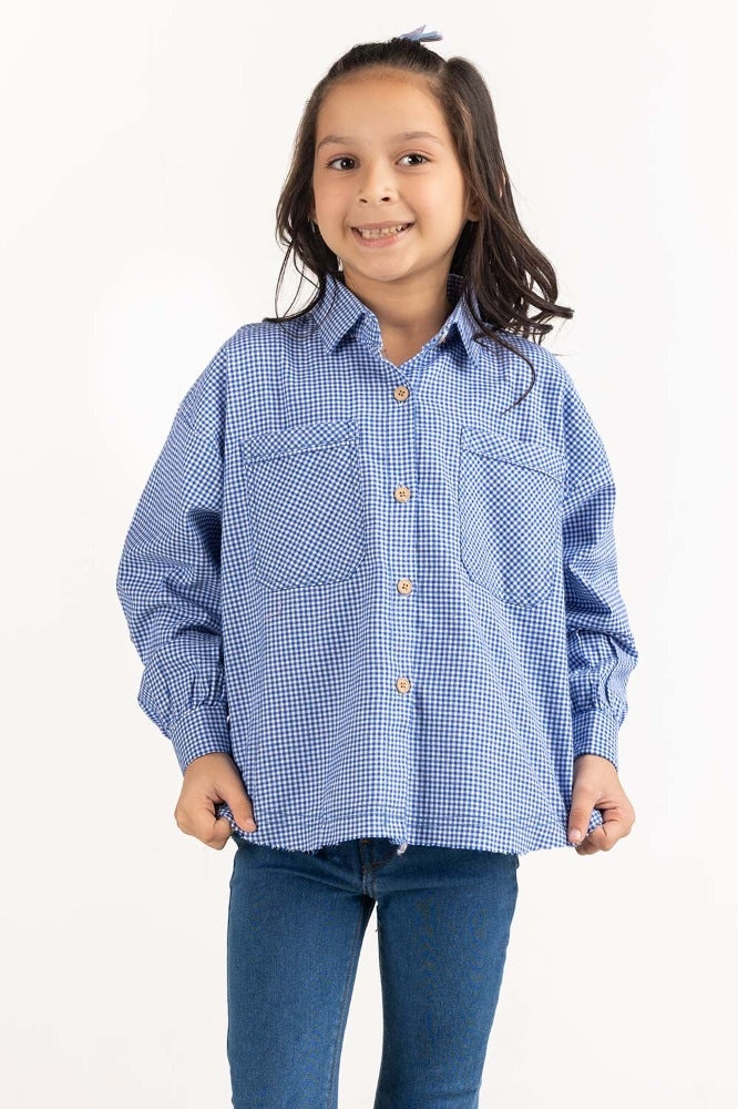 Junior Girl Blue and White Checkered Casual Shirt 224-417-009