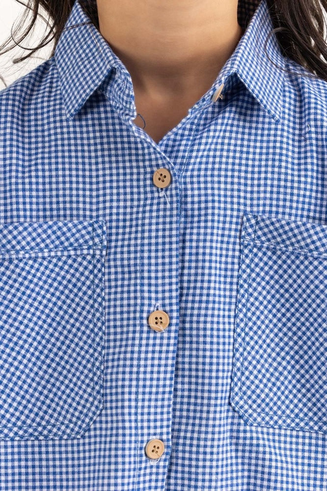 Junior Girl Blue and White Checkered Casual Shirt 224-417-009