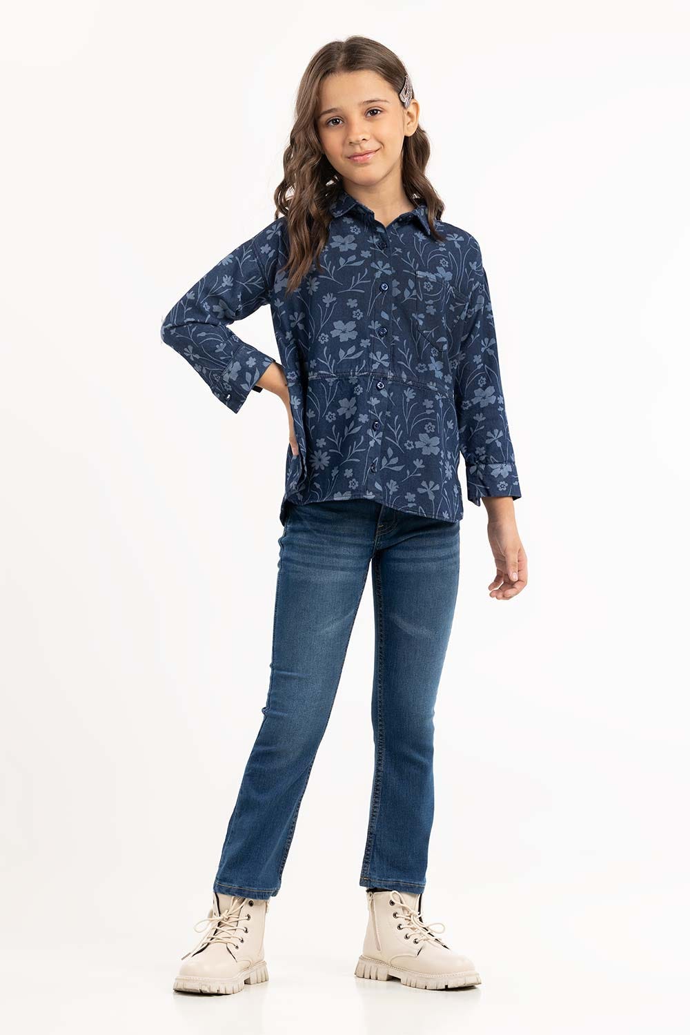 Junior Girl Blue Woven Shirt 224-417-015
