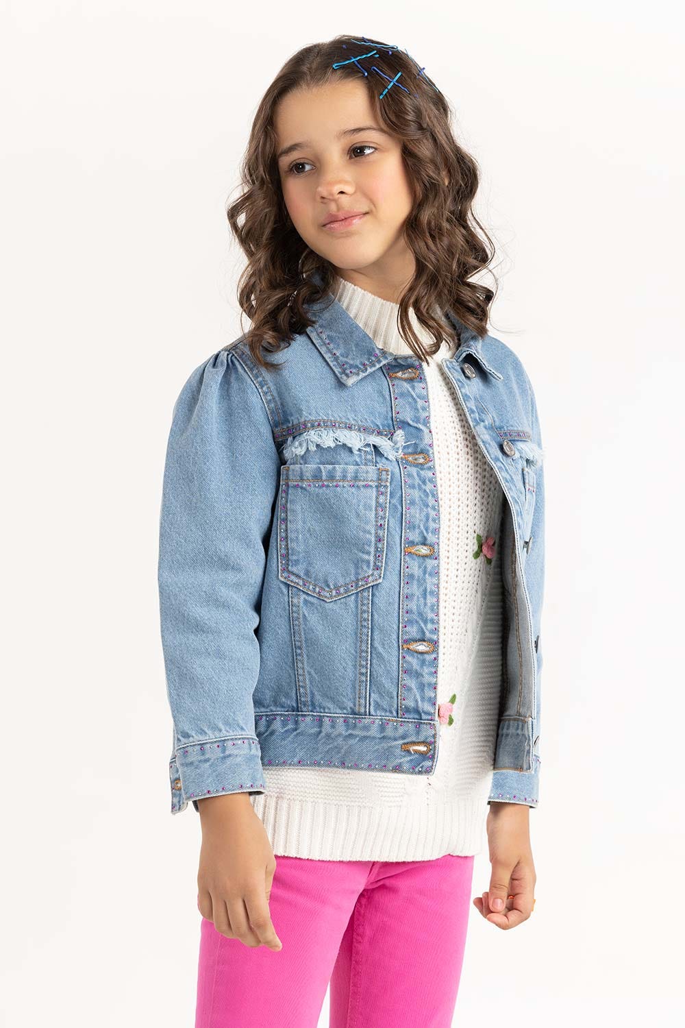 Junior Girl Light Blue High Fashion Denim Jacket 224-410-043