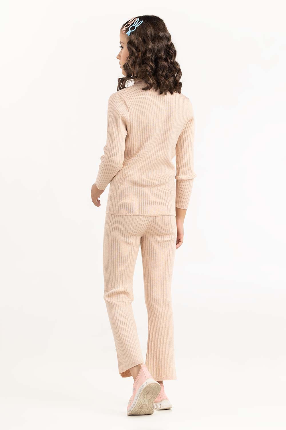 Junior Girl Light Beige Ribbed Sweater With Turtle Neck 224-416-303