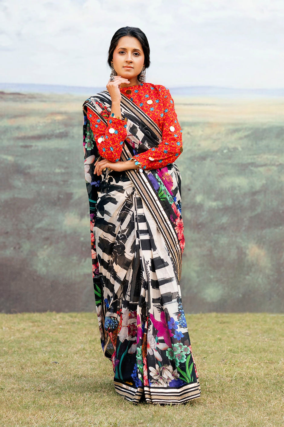 3 Piece Unstitched Denting Lawn Saree