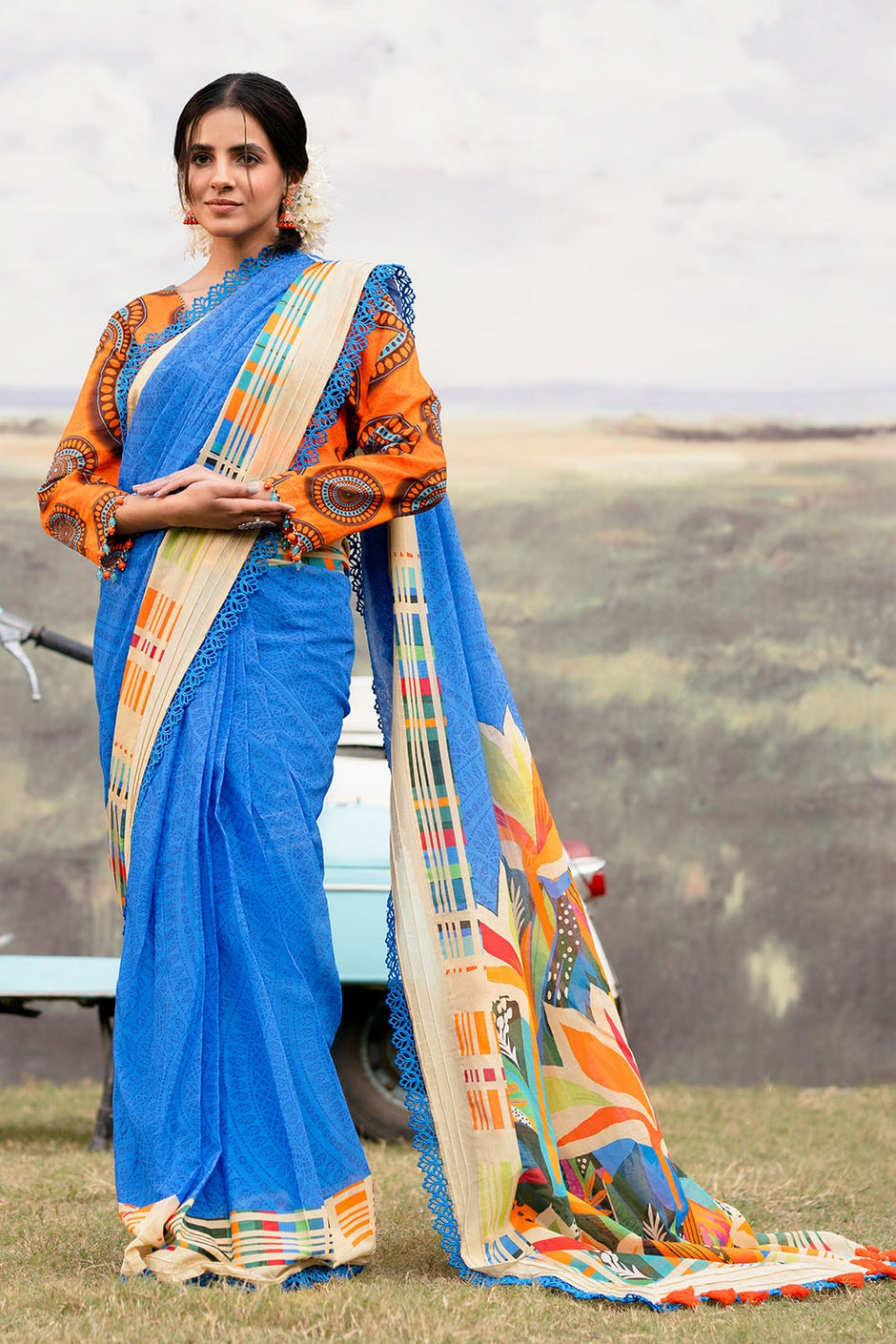3 Piece Unstitched Denting Lawn Saree