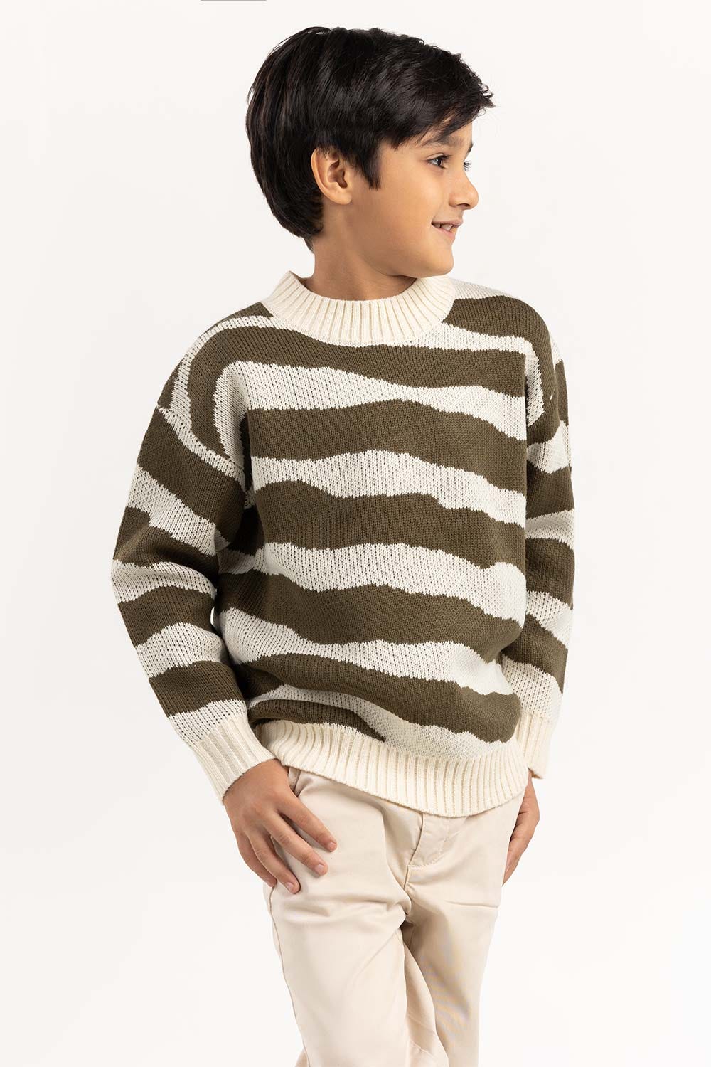 Toddler Boy Off-White And Brown Knit Sweater 224-511-023