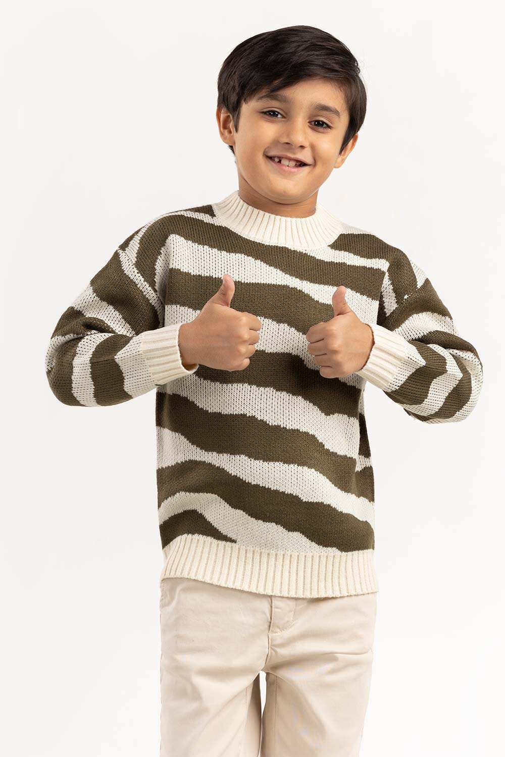 Toddler Boy Off-White And Brown Knit Sweater 224-511-023