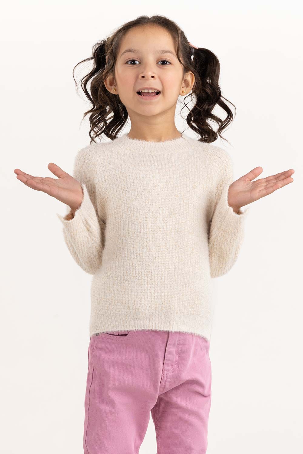 Toddler Girl Off-White Sweater With Round Neck 224-611-016