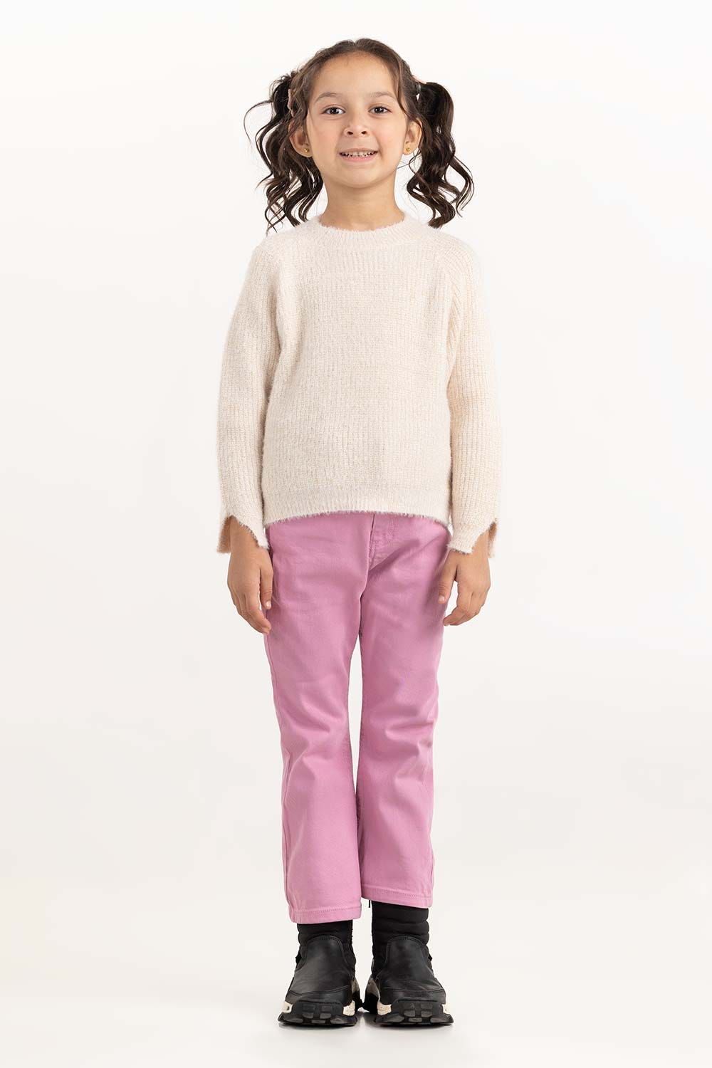 Toddler Girl Off-White Sweater With Round Neck 224-611-016