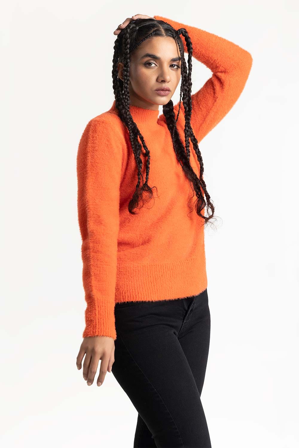 Orange Mock Neck Knit Sweater 224-211-007