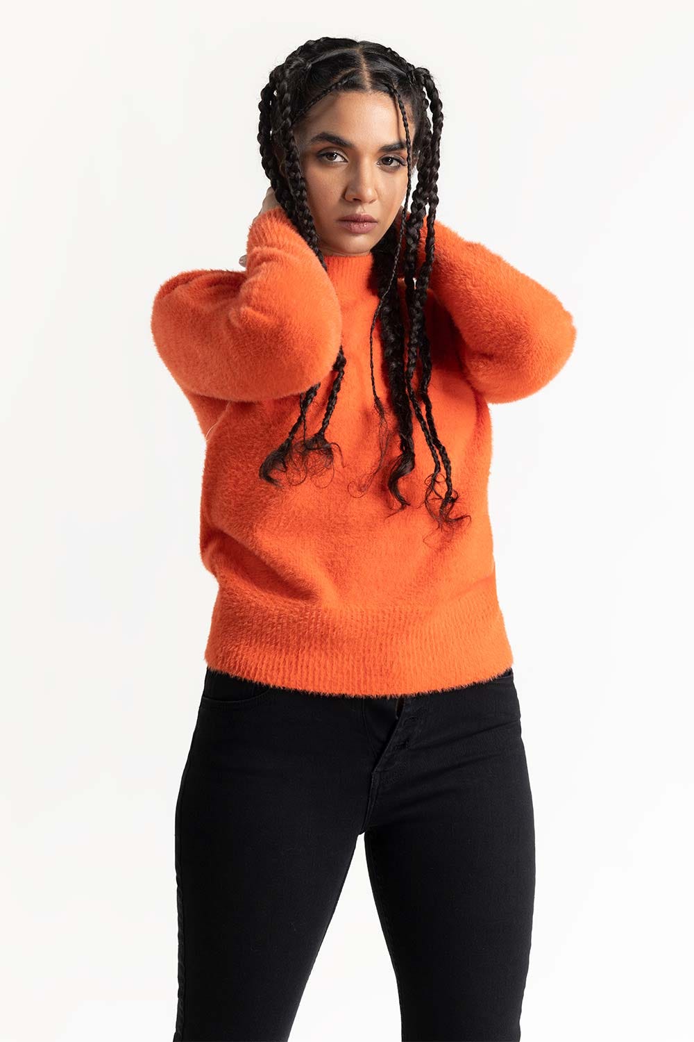 Orange Mock Neck Knit Sweater 224-211-007